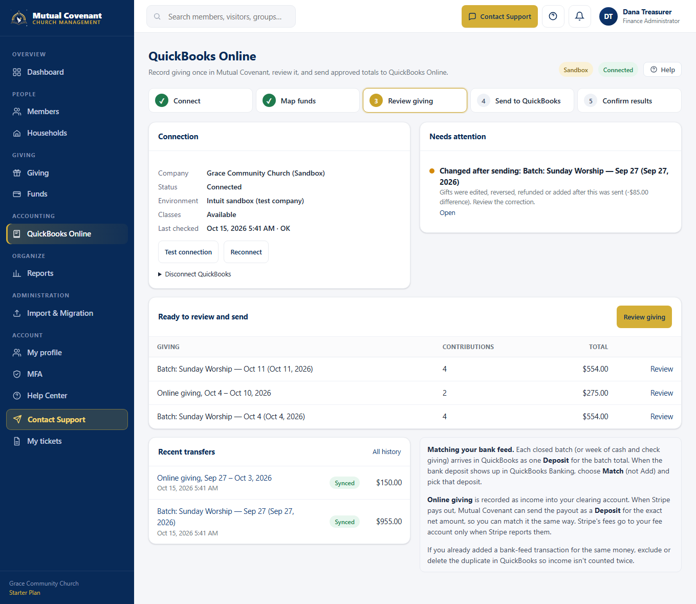 Accounting → QuickBooks Online: connection status, items that need attention, and giving ready to send.