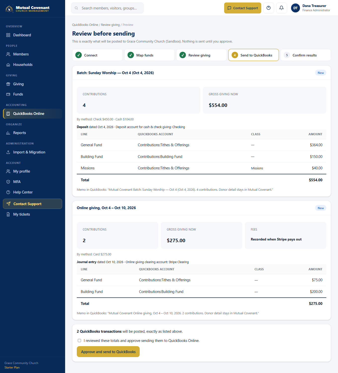 Mutual Covenant screen: review a giving batch and its fund lines before sending to QuickBooks Online