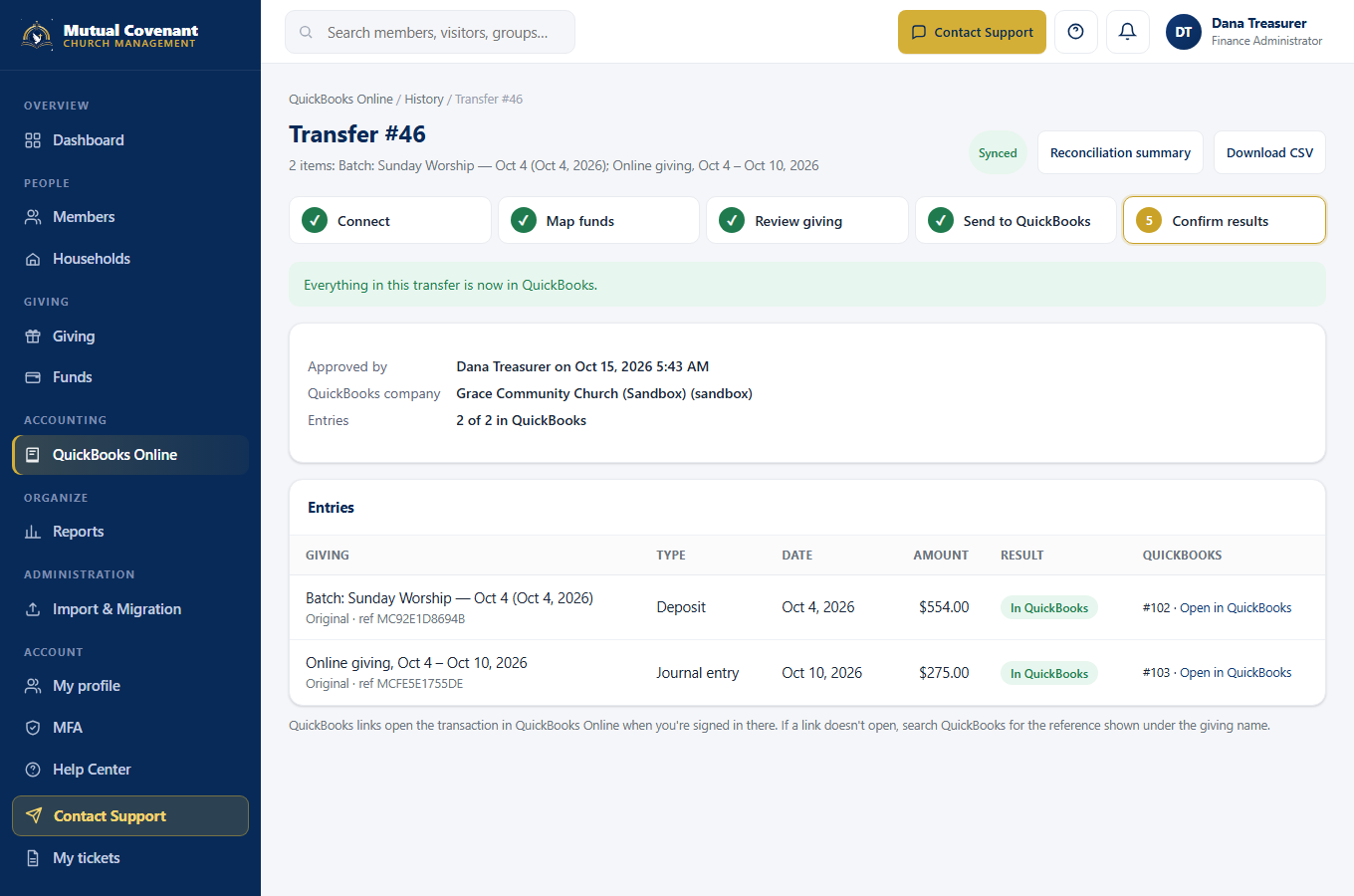 Confirm results: each QuickBooks transaction with its status and reference, plus a reconciliation summary and CSV download.