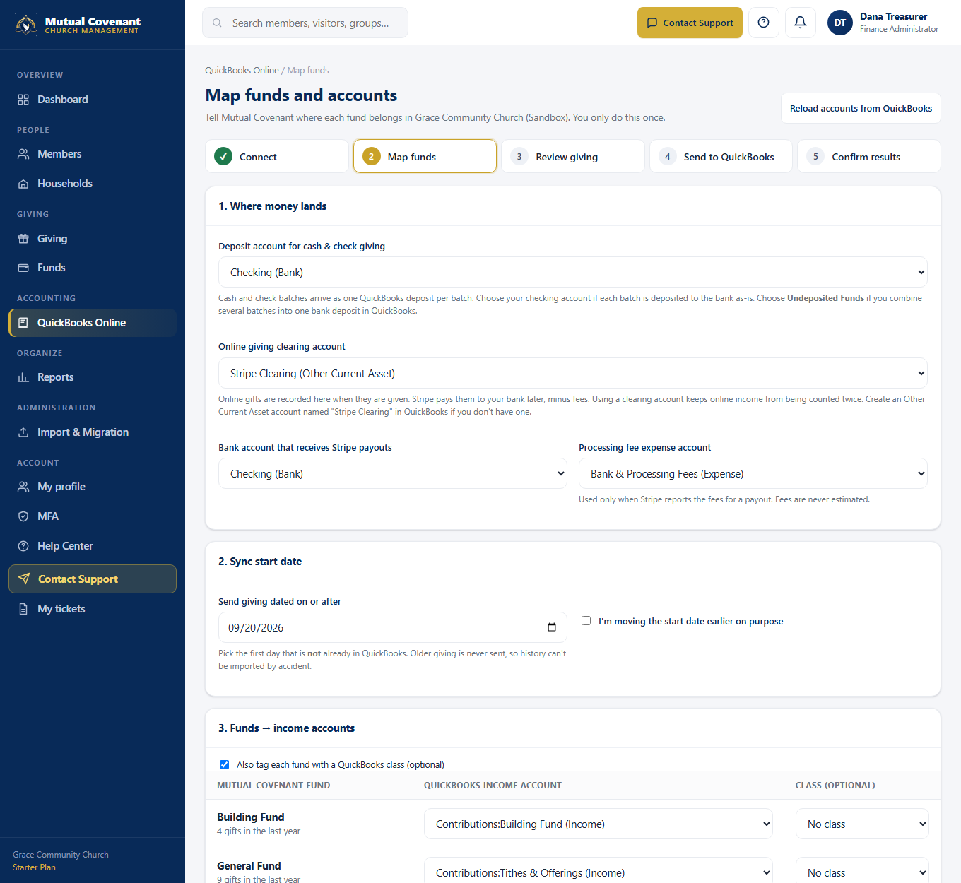 Map funds once: deposit and clearing accounts, sync start date, and an income account (and optional class) for each fund.